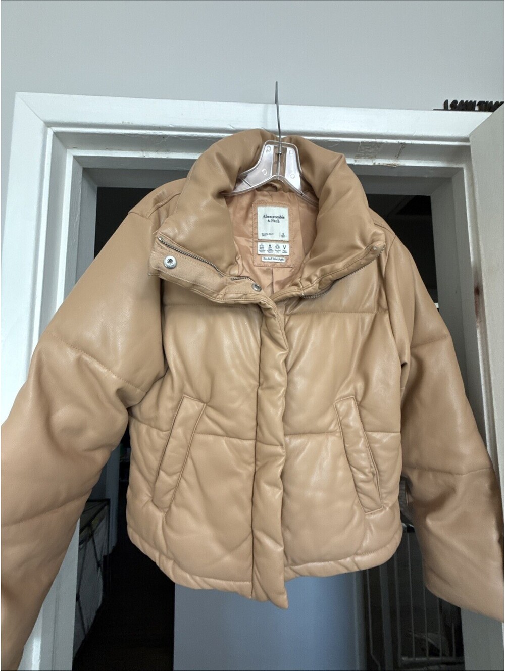 Abercrombie & Fitch Vegan Leather Puffer Jacket Tan Puffy Coat Sz S